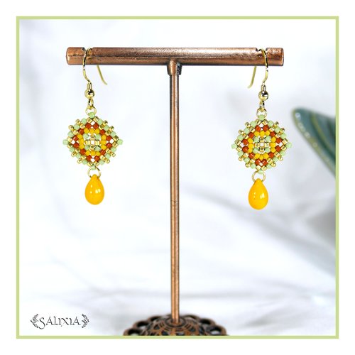 Boucles d'oreilles granny square perles de verre japonaises crochets ou dormeuses acier inoxydable doré (#bo967)