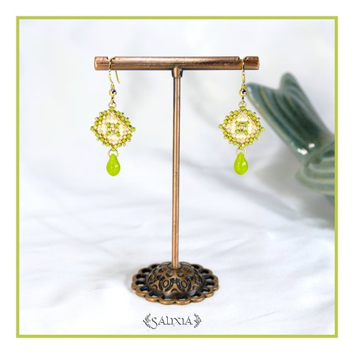Boucles d'oreilles granny square perles de verre japonaises crochets ou dormeuses acier inoxydable doré (#bo968)