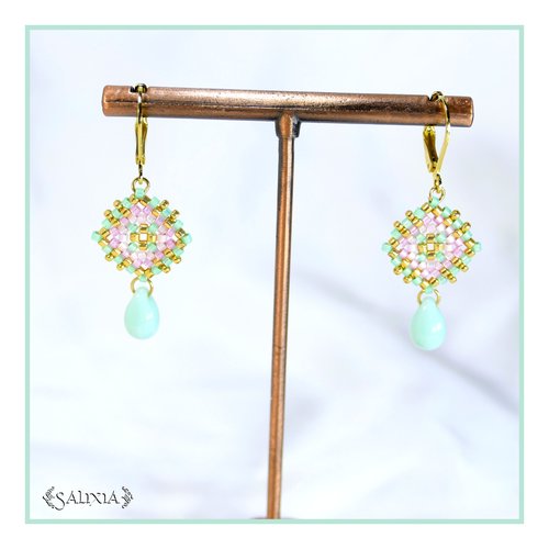 Boucles d'oreilles granny square perles de verre japonaises dormeuses ou crochets acier inoxydable doré (#bo969)