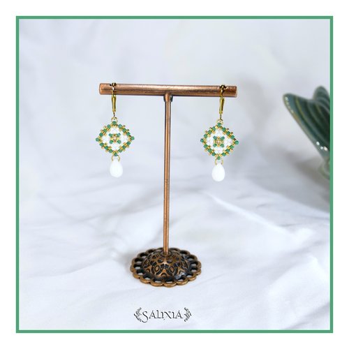 Boucles d'oreilles granny square perles de verre japonaises dormeuses ou crochets acier inoxydable doré (#bo970)