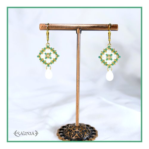 Boucles d'oreilles granny square perles de verre japonaises dormeuses ou crochets acier inoxydable doré (#bo970)
