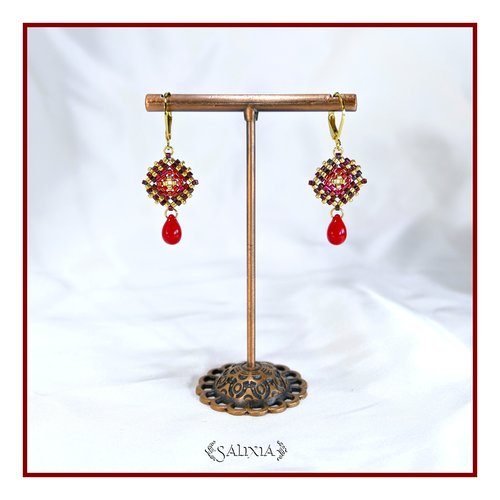 Boucles d'oreilles granny square perles de verre japonaises dormeuses ou crochets acier inoxydable doré (#bo973)