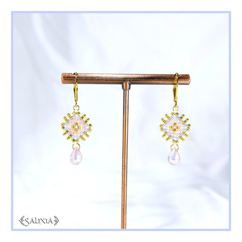 Boucles d'oreilles granny square perles de verre japonaises dormeuses ou crochets acier inoxydable doré (#bo974)