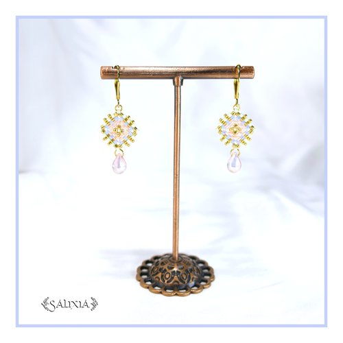 Boucles d'oreilles granny square perles de verre japonaises dormeuses ou crochets acier inoxydable doré (#bo974)