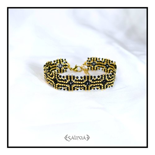 Bracelet granny square tissé à l'aiguille perles de verre japonaises fermoir acier inoxydable doré (#bc506)