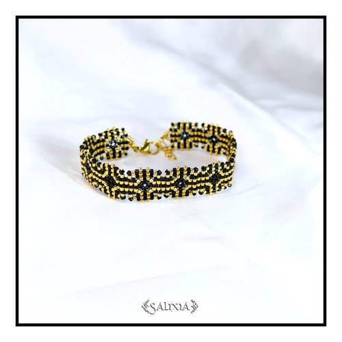 Bracelet granny square tissé à l'aiguille perles de verre japonaises fermoir acier inoxydable doré (#bc506)