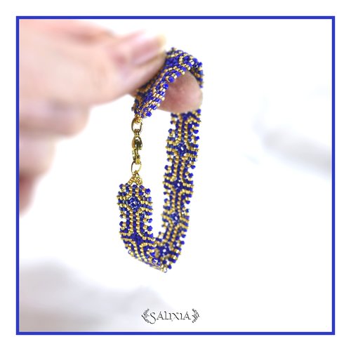 Bracelet granny square tissé à l'aiguille perles de verre japonaises fermoir acier inoxydable doré (#bc508)