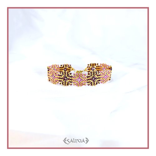 Bracelet granny square tissé à l'aiguille perles de verre japonaises fermoir acier inoxydable doré (#bc510)