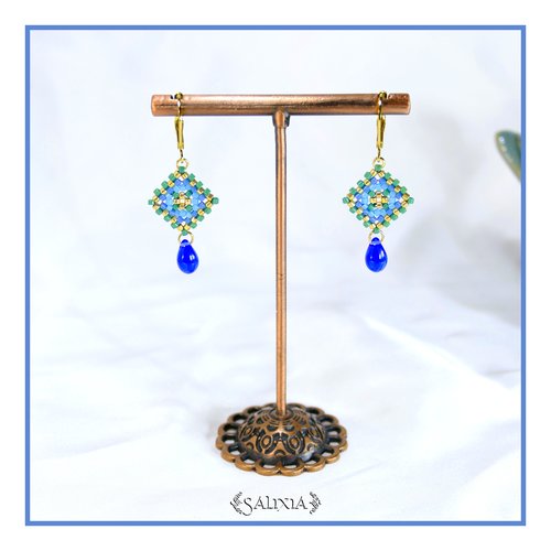 Boucles d'oreilles granny square perles de verre japonaises dormeuses ou crochets acier inoxydable doré (#bo976)