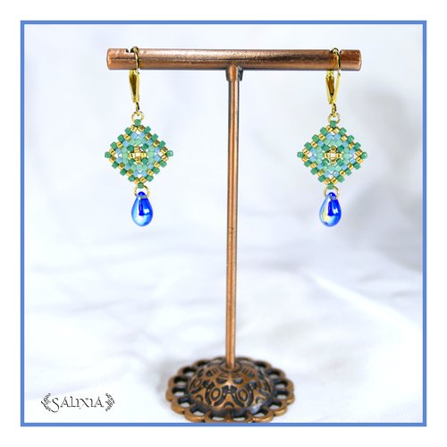 Boucles d'oreilles granny square perles de verre japonaises dormeuses ou crochets acier inoxydable doré (#bo977)