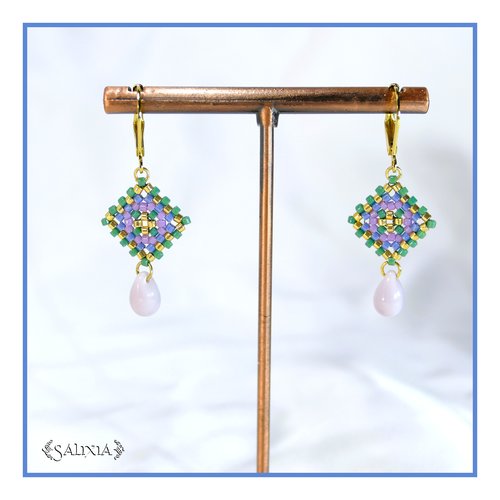 Boucles d'oreilles granny square perles de verre japonaises dormeuses ou crochets acier inoxydable doré (#bo978)