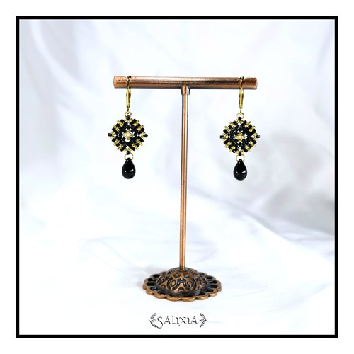 Boucles d'oreilles granny square perles de verre japonaises dormeuses ou crochets acier inoxydable doré (#bo980)