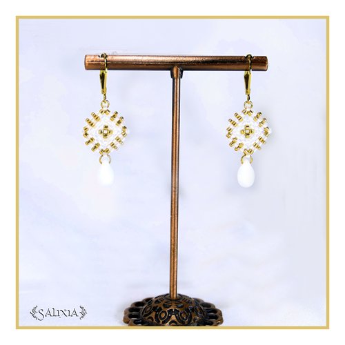 Boucles d'oreilles granny square perles de verre japonaises dormeuses ou crochets acier inoxydable doré (#bo981)