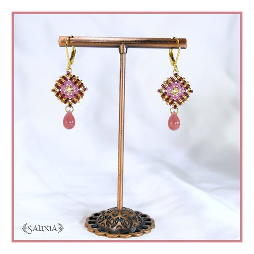 Boucles d'oreilles granny square perles de verre japonaises dormeuses ou crochets acier inoxydable doré (#bo984)