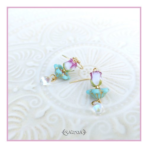Pièce rare - boucles d'oreilles bouton de rose artisanal verre lampwork perles plaqué or (#bo1032)