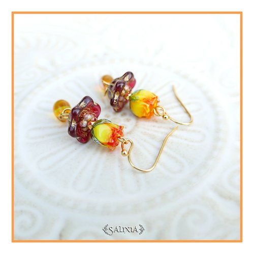 Pièce rare - boucles d'oreilles bouton de rose artisanal verre lampwork perles plaqué or (#bo1033)