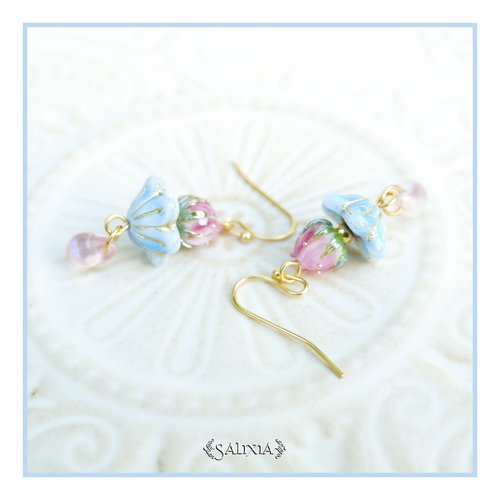 Pièce rare - boucles d'oreilles bouton de fleur artisanal verre lampwork perles plaqué or (#bo1034)