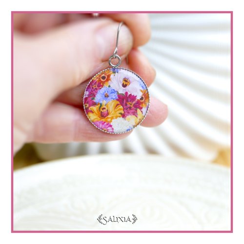 Boucles d'oreilles cabochons fleurs de zinnia entièrement en acier inoxydable (#bo1037)