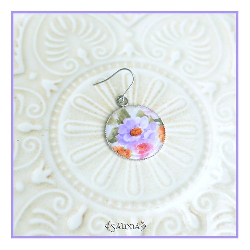 Boucles d'oreilles cabochons fleur mauve entièrement en acier inoxydable (#bo1039)