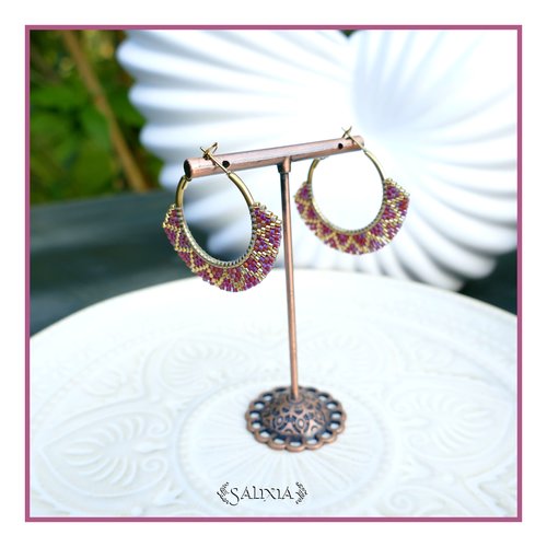Boucles d'oreilles créoles tissées à l'aiguille perles de verre japonaises acier inoxydable doré plaqué or 24 carats (#bo1051)