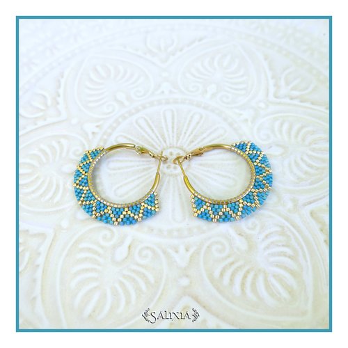 Boucles d'oreilles créoles tissées à l'aiguille perles de verre japonaises acier inoxydable doré plaqué or 24 carats (#bo1056)
