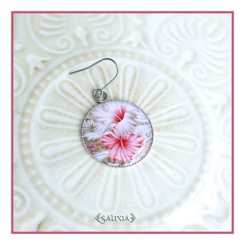 Boucles d'oreilles cabochons fleurs hibiscus entièrement en acier inoxydable (#bo1040)