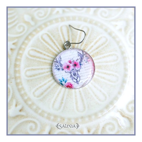 Boucles d'oreilles cabochons cerf aux fleurs entièrement en acier inoxydable (#bo1042)