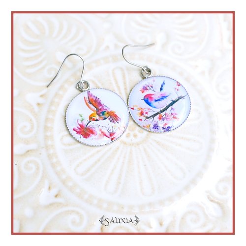 Boucles d'oreilles cabochons petits oiseaux entièrement en acier inoxydable (#bo1047)