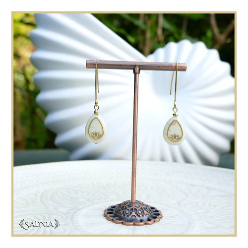 Boucles d'oreilles gouttes de bohème ivoire patine doré antique perles plaqué or 24k crochets acier inoxydable doré (#bo784)