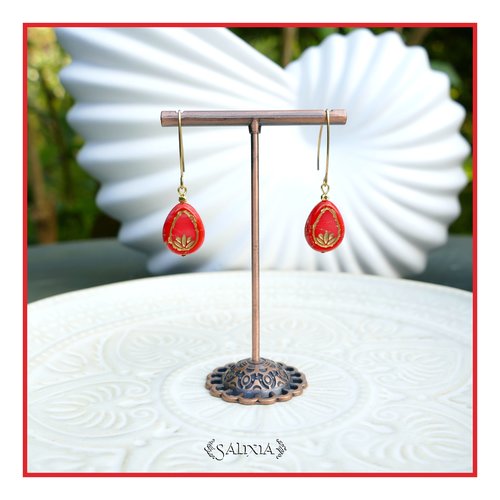 Boucles d'oreilles gouttes de bohème rouge patine doré antique perles plaqué or 24k crochets acier inoxydable doré (#bo785)