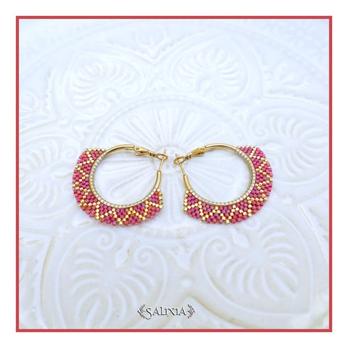 Boucles d'oreilles créoles tissées à l'aiguille perles de verre japonaises acier inoxydable doré plaqué or 24 carats (#bo1059.a)