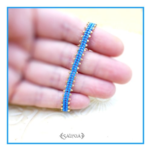 Bracelet fin tissé à l'aiguille perles de verre japonaises bleu fermoir acier inoxydable doré à l'or fin 18 carats (#bc518)