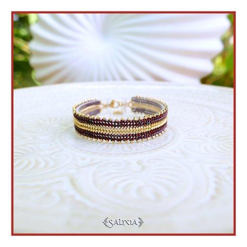 Bracelet tissé à l'aiguille perles de verre japonaises rouges et dorées fermoir acier inoxydable doré or fin 18 carats (#bc523)