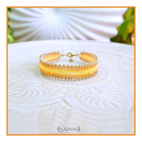 Bracelet tissé à l'aiguille perles de verre japonaises jaunes, mangue et dorées fermoir acier inoxydable doré or fin 18 carats (#bc524)