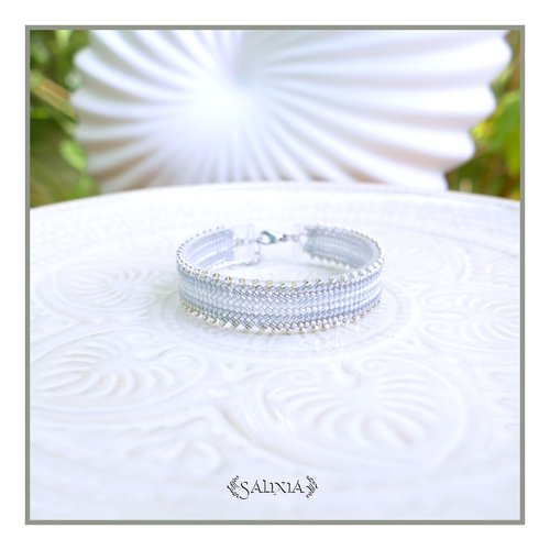 Bracelet tissé à l'aiguille perles de verre japonaises grises et argentées fermoir acier inoxydable (#bc525)