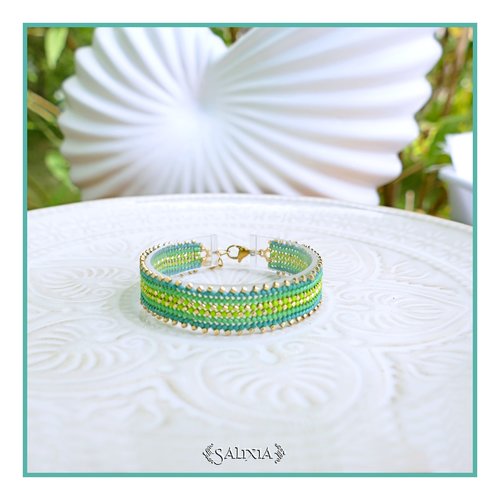 Bracelet tissé à l'aiguille perles de verre japonaises en dégradé de vert et dorées fermoir acier inoxydable doré or fin (#bc528)