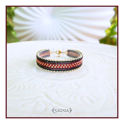 Bracelet tissé à l'aiguille perles de verre japonaises noires, rouges et dorées fermoir acier inoxydable doré or fin 18 carats (#bc529)