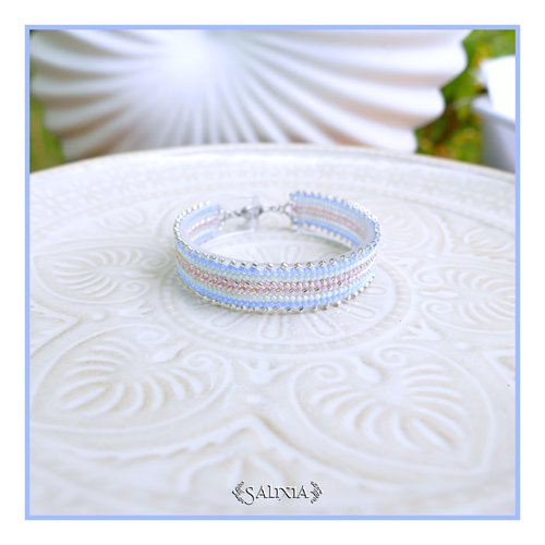 Bracelet tissé à l'aiguille perles de verre japonaises pastel et argentées fermoir acier inoxydable (#bc530)