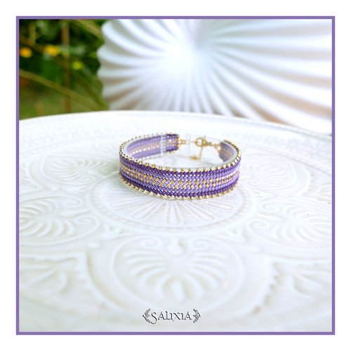 Bracelet tissé à l'aiguille perles de verre japonaises violet et dorées fermoir acier inoxydable doré or fin 18 carats (#bc531)
