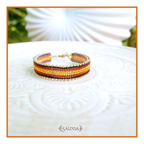 Bracelet tissé à l'aiguille perles de verre japonaises chocolat terracotta et dorées fermoir acier inoxydable doré (#bc532)