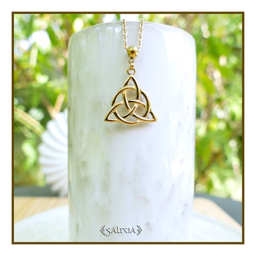Collier pendentif noeud celtique porte bonheur talisman chaine et mousqueton entièrement en acier inoxydable doré (#c422)