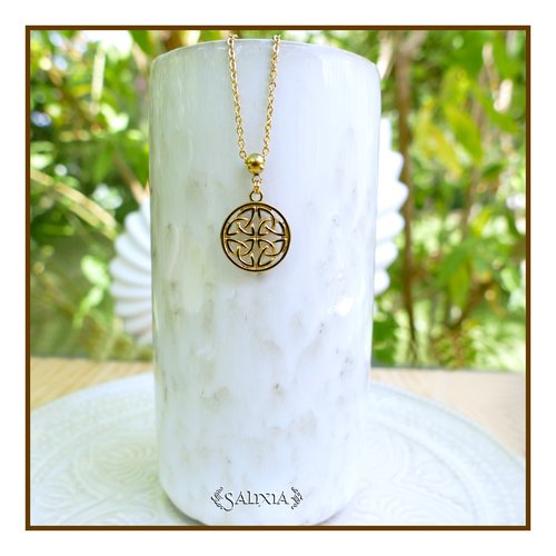 Collier pendentif noeud bouclier celtique porte bonheur talisman chaine et mousqueton entièrement en acier inoxydable doré (#c423)