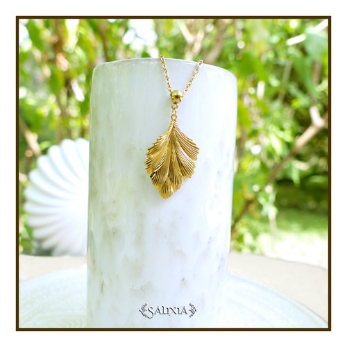 Collier pendentif feuille acier inoxydable plaqué or 18 carats chaine et mousqueton acier inoxydable doré 18 et 24 carats (#c425)