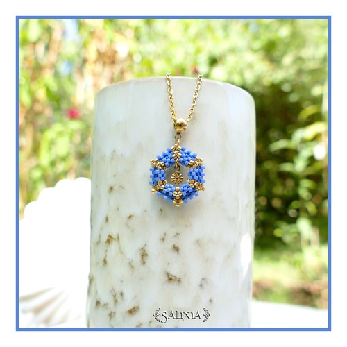 Collier pendentif tissé à l'aiguille perles japonaises bleu océan chaine et mousqueton acier inoxydable doré or fin (#c430)
