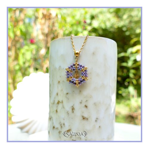 Collier pendentif tissé à l'aiguille perles japonaises lavande chaine et mousqueton acier inoxydable doré or fin (#c431)
