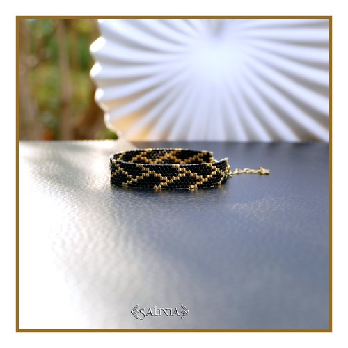 Bracelet tissé à l'aiguille perles en verre japonaises esprit kintsugi chainette et mousqueton acier inoxydable doré or fin (#bc589)