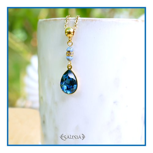 Collier pendentif cristal bleu perles de bohème strass cristal chaine et mousqueton acier inoxydable doré or 24 carats (#c408)
