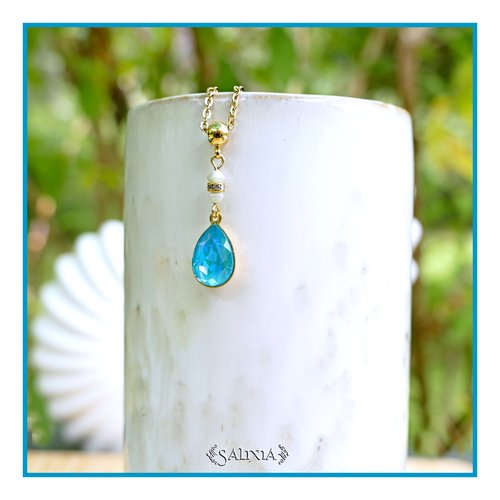 Collier pendentif cristal bleu turquoise perles de bohème strass cristal chaine et mousqueton acier inoxydable doré or 24 carats (#c409)