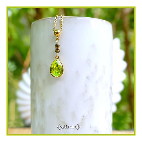 Collier pendentif cristal vert lime perles de bohème strass cristal chaine et mousqueton acier inoxydable doré or 24 carats (#c410)