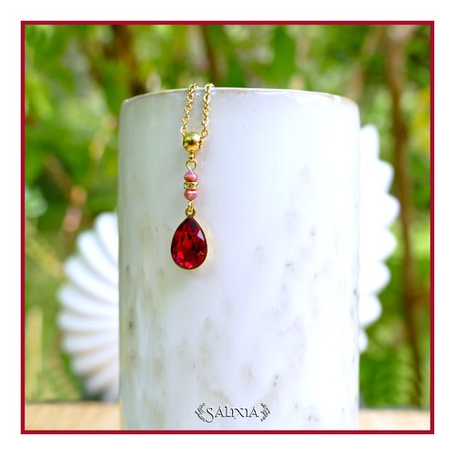 Collier pendentif cristal rouge perles de bohème strass cristal chaine et mousqueton acier inoxydable doré or 24 carats (#c411)